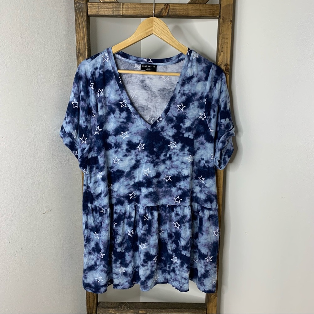 Lane Bryant Blue Tie-Dye Star V-Neck Blouse Size 14/16